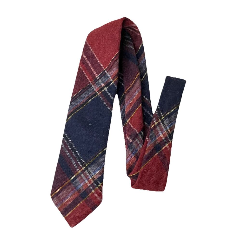 VTG 70s Wroxton Wool Blend Red Blue Plaid Necktie Skinny Tie Holiday Preppy USA
